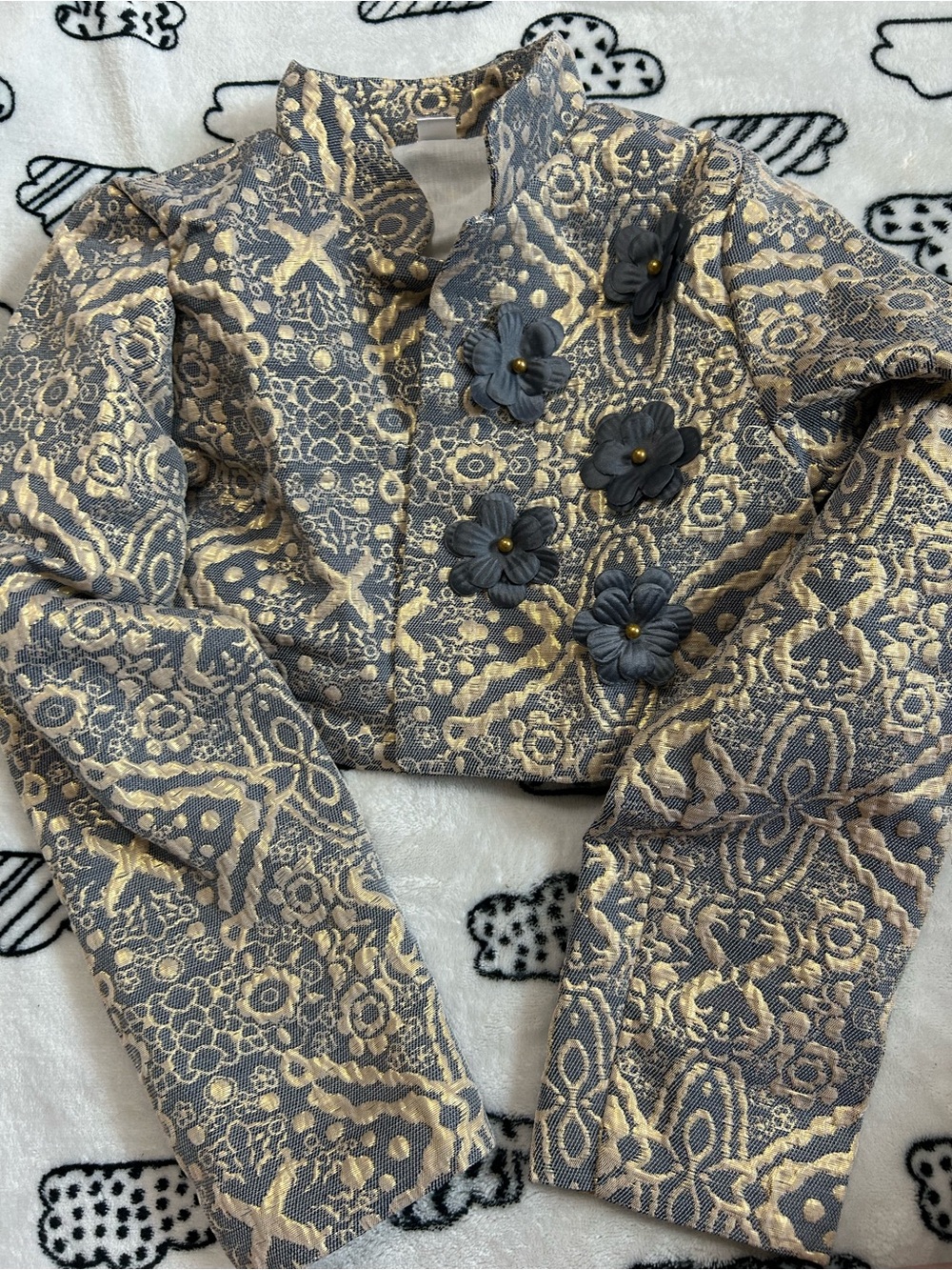 Embroidered Floral Brocade Jacket with 3D Flower Accents